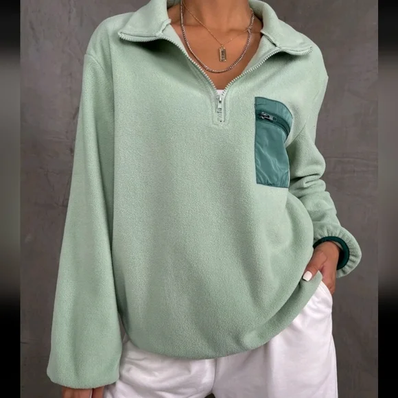 Color Block Quarter Zip Lantern Sleeve Pullover - Picture 1 of 4